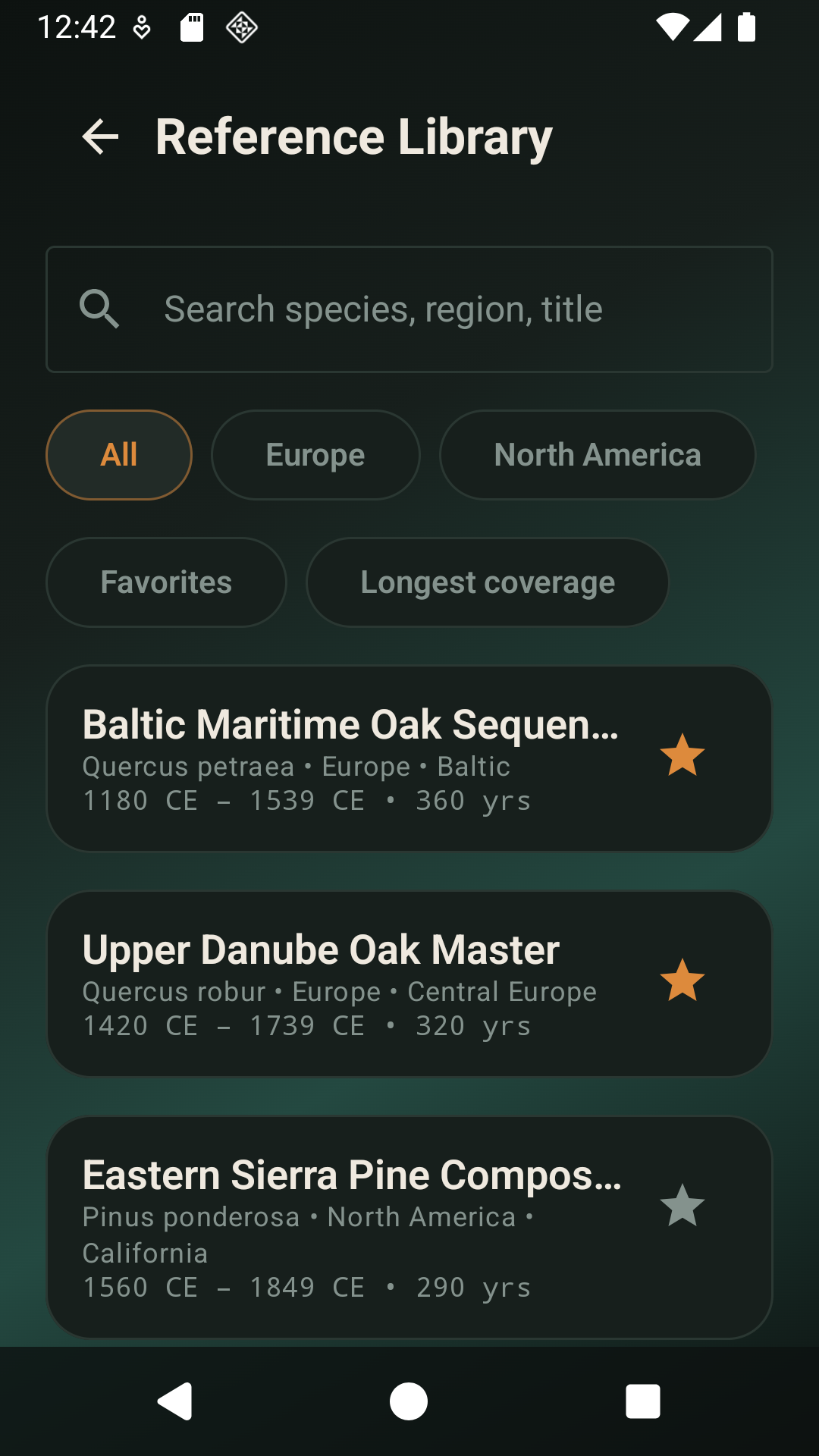 DendroChronos reference library screen