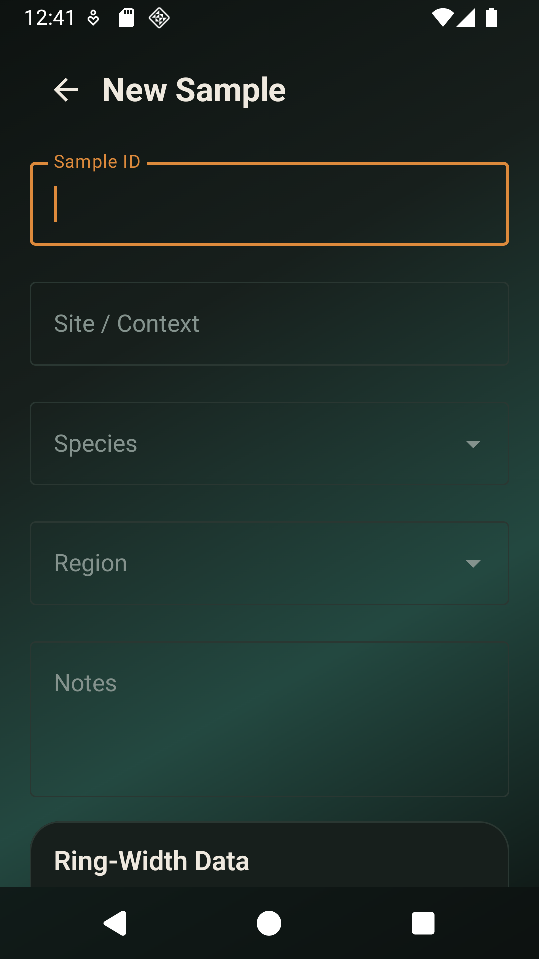 DendroChronos sample entry screen